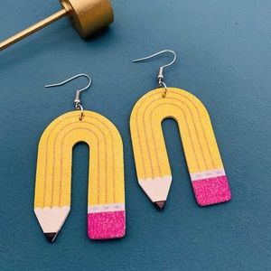 Yellow pink glitter pencil leather drop earrings